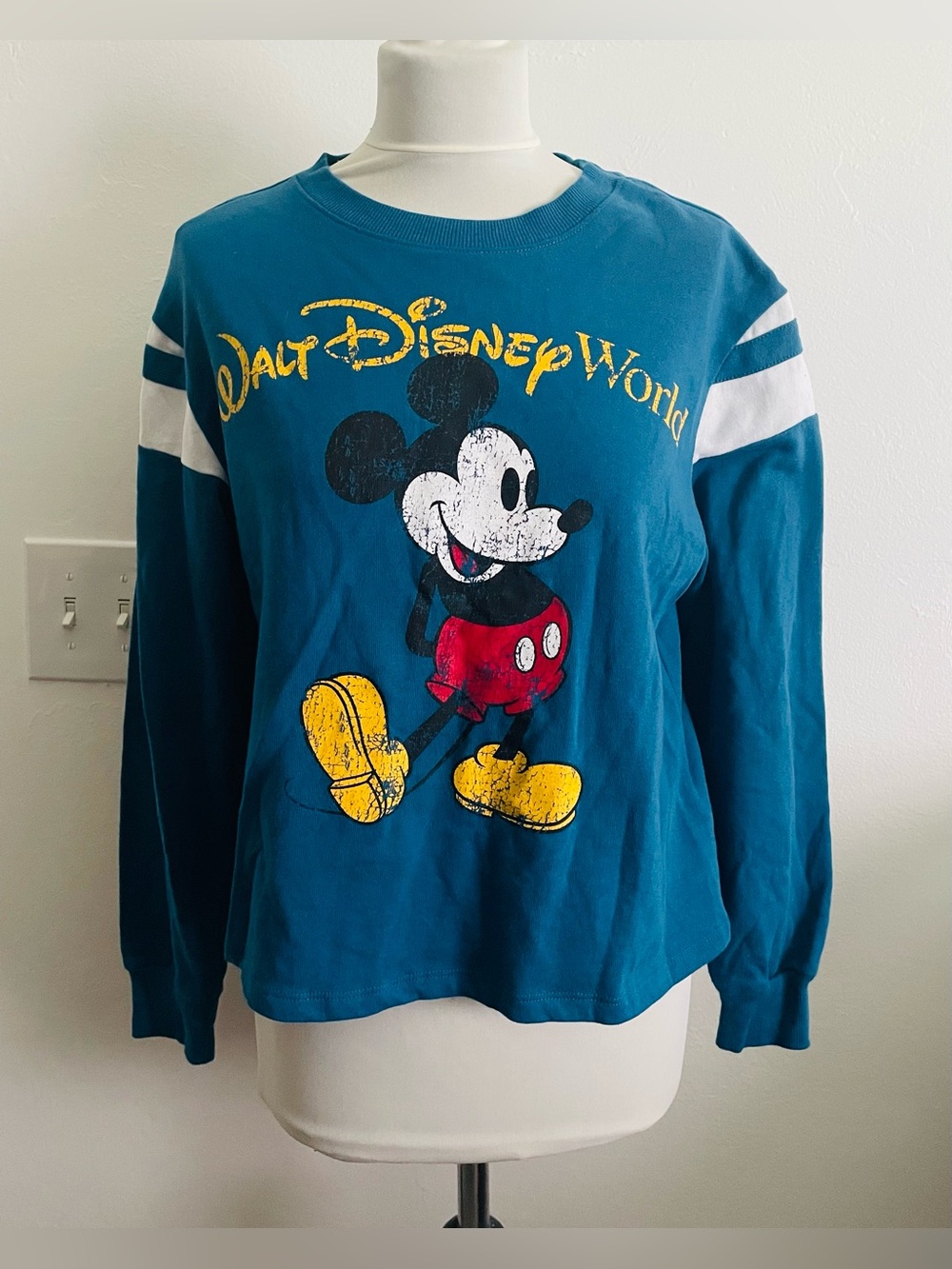 Disney Mickey Mouse Women Top Shirt M Teal Blue Long Sleeves Casual Vacation